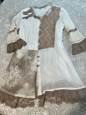 Vintage Prairie Boho Neutral Patchwork Tunic with Lace & Buttons